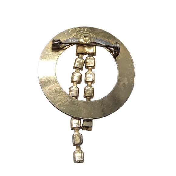 Vintage Gold Tone Circular Brooch With Rhinestone Dangling Accents - Picture 8 of 9